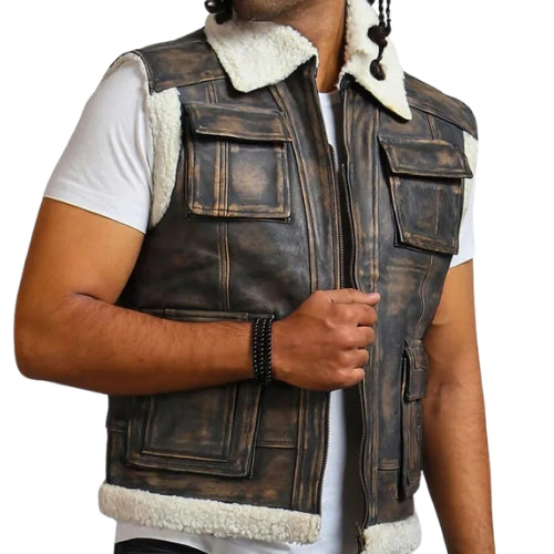 Men's Vintage Brown Leather Vest with Fur Lining