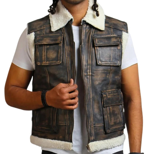 Men's Vintage Brown Leather Vest with Fur Lining