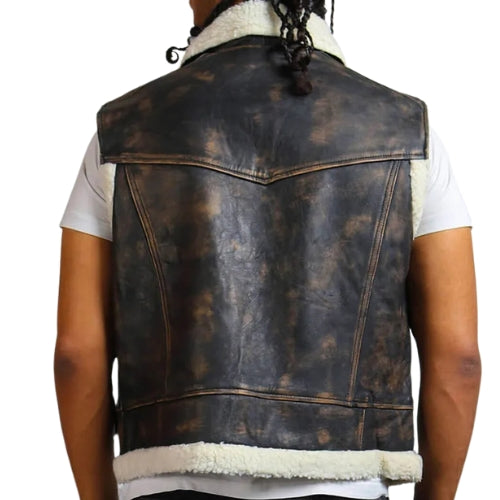 Men's Vintage Brown Leather Vest with Fur Lining