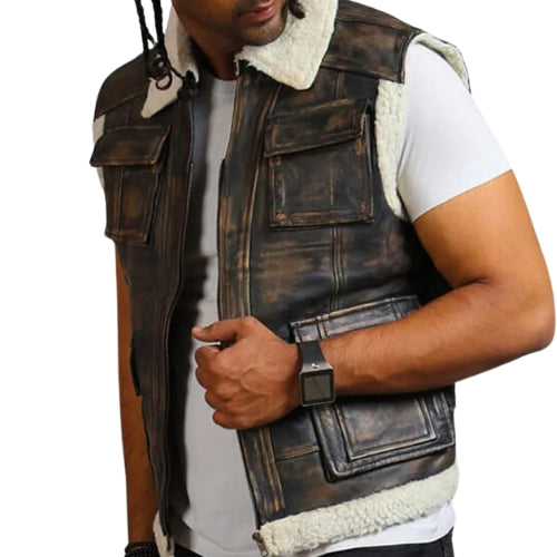 Men's Vintage Brown Leather Vest with Fur Lining