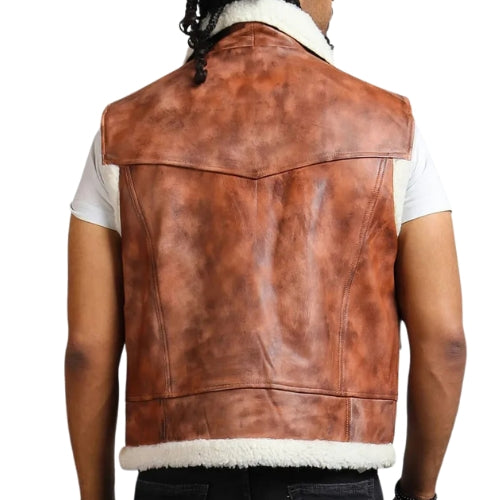 Men's Light Brown Leather Vest with Fur Lining