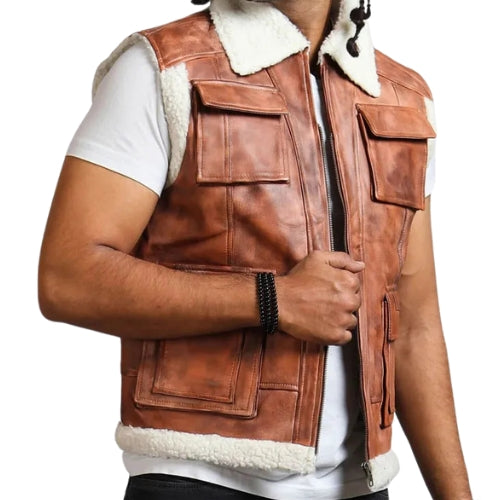 Men's Light Brown Leather Vest with Fur Lining