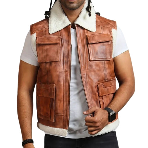 Men's Light Brown Leather Vest with Fur Lining