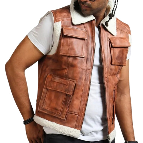 Men's Light Brown Leather Vest with Fur Lining