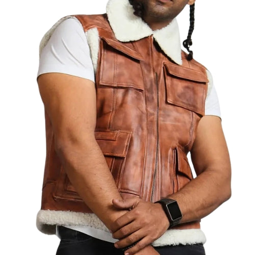 Men's Light Brown Leather Vest with Fur Lining